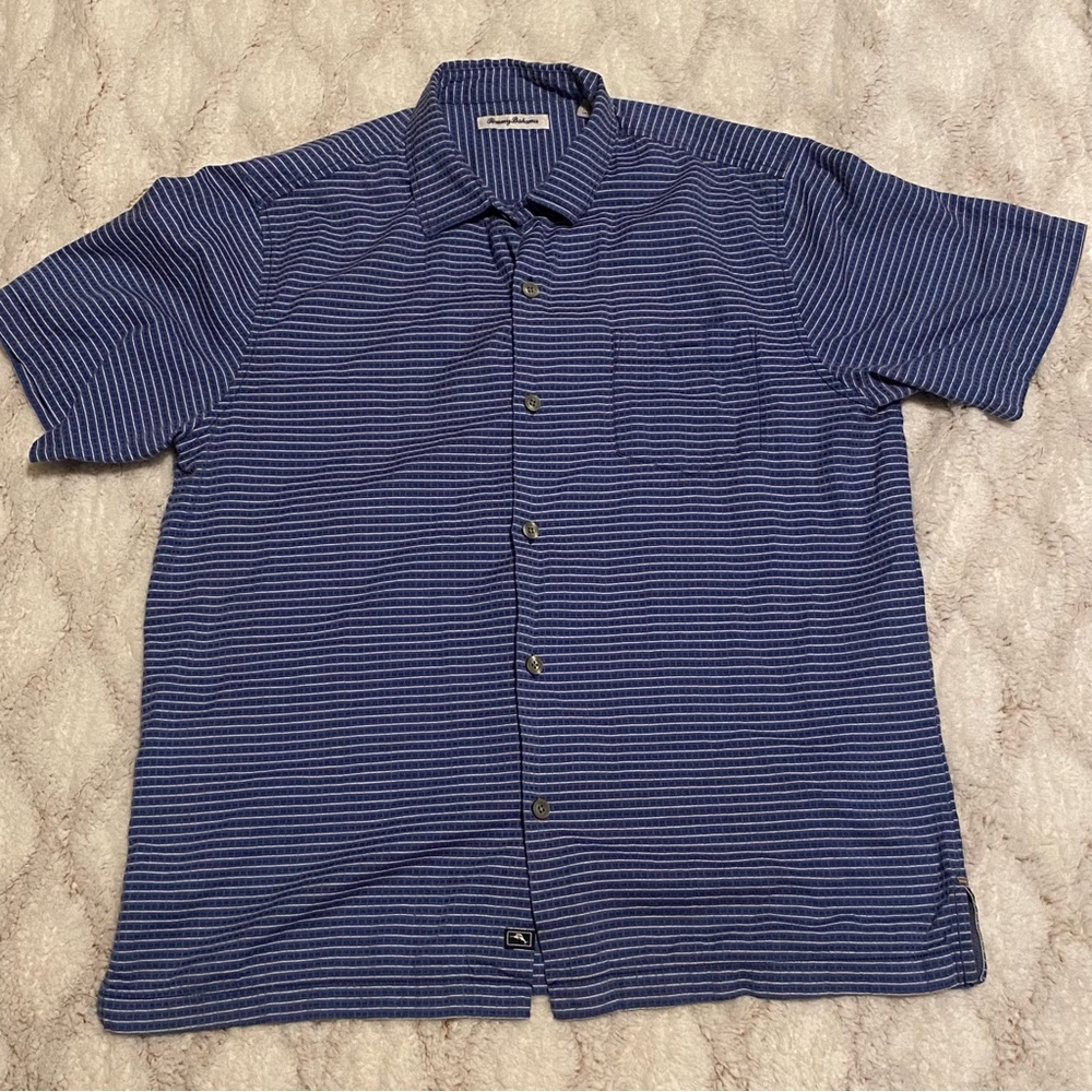 Tommy Bahama Button Front Shirt Large Blue‎ Silk Blend Coastal Island Collar